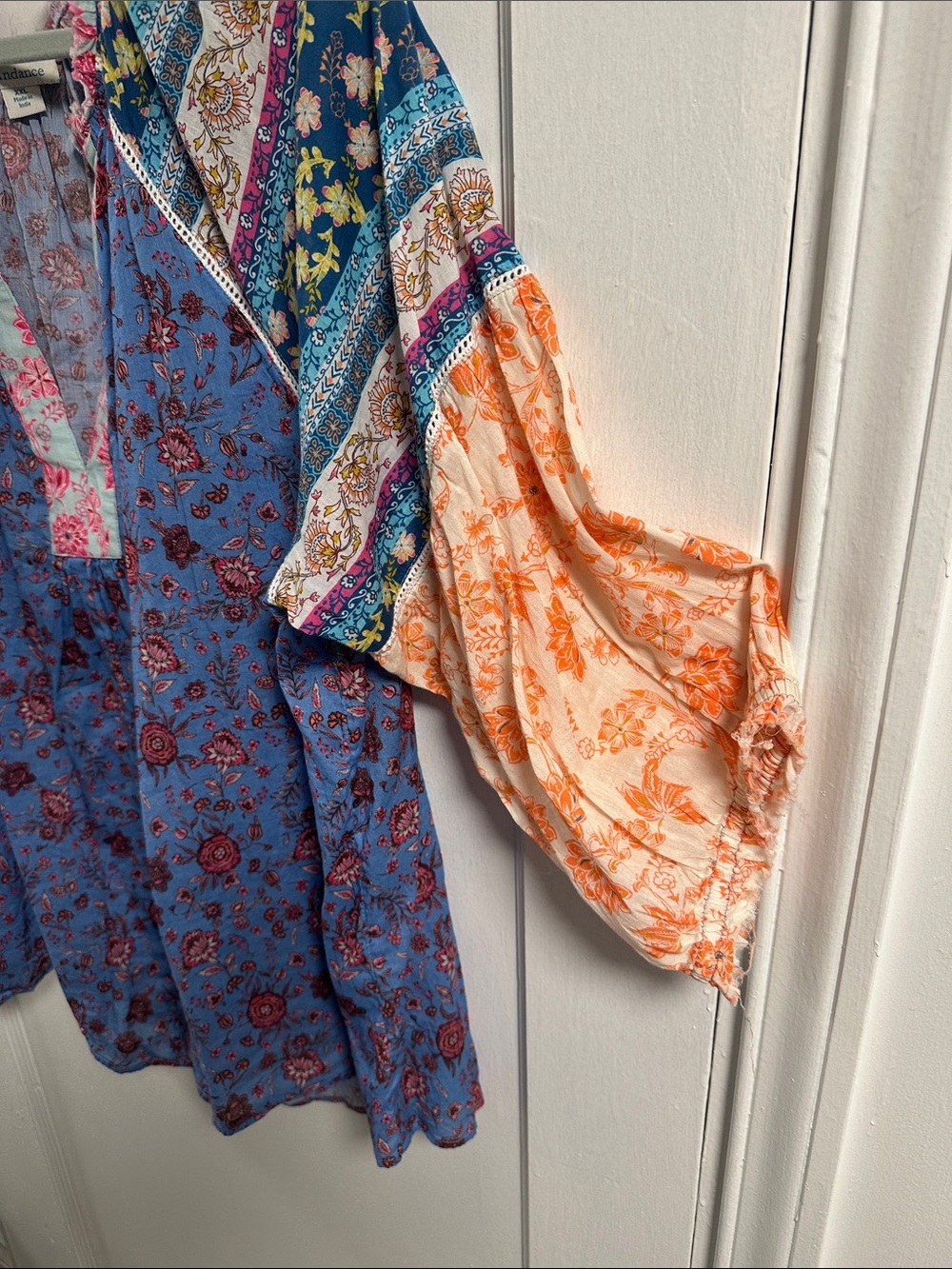 Sundance Blue Floral Patchwork V-Neck Tunic with Multi-Color Sleeves - Picture 2 of 5